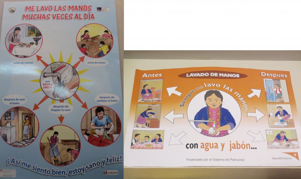 Materiales de sensibilización usados en campañas para el lavado de manos: Programa SANBASUR y SABA PLUS, COSUDE Perú (izq) y Visión Mundial (der). Fuente:BARRETO DILLON (2013)